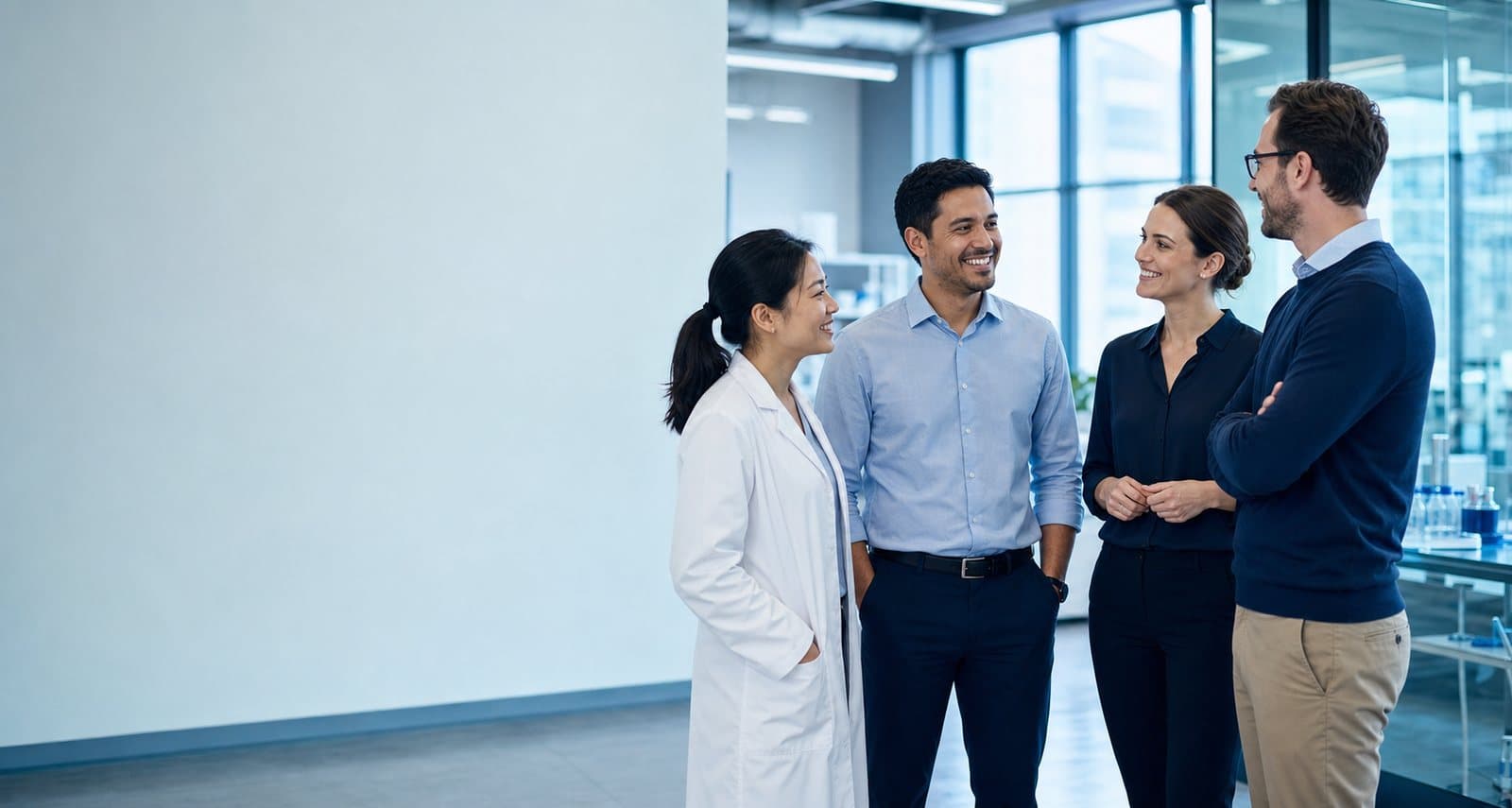 A warm, diverse ArrowBiome team collaborating in a bright modern lab office.